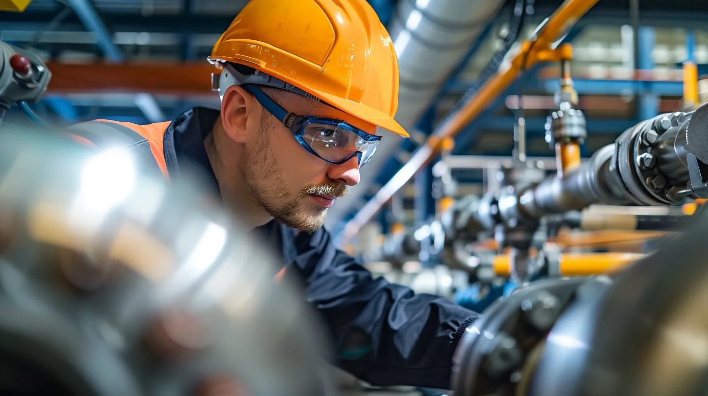 a detailed, close-up shot of a skilled technician in a modern industrial workspace, carefully inspecting gas line connections and safety equipment, illuminated by bright overhead lighting, showcasing the precision and attention to detail necessary for safely relocating gas lines. a detailed, close-up shot of a skilled technician in a modern industrial workspace, carefully inspecting gas line connections and safety equipment, illuminated by bright overhead lighting, showcasing the precision and attention to detail necessary for safely relocating gas lines.