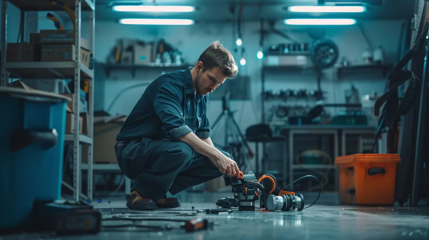 a focused plumber kneels beside a neatly arranged toolkit in a modern office space, using a specialized camera to inspect a concrete floor as he locates a slab leak, illuminated by bright overhead lights that highlight the urgency of the repair process. a focused plumber kneels beside a neatly arranged toolkit in a modern office space, using a specialized camera to inspect a concrete floor as he locates a slab leak, illuminated by bright overhead lights that highlight the urgency of the repair process.