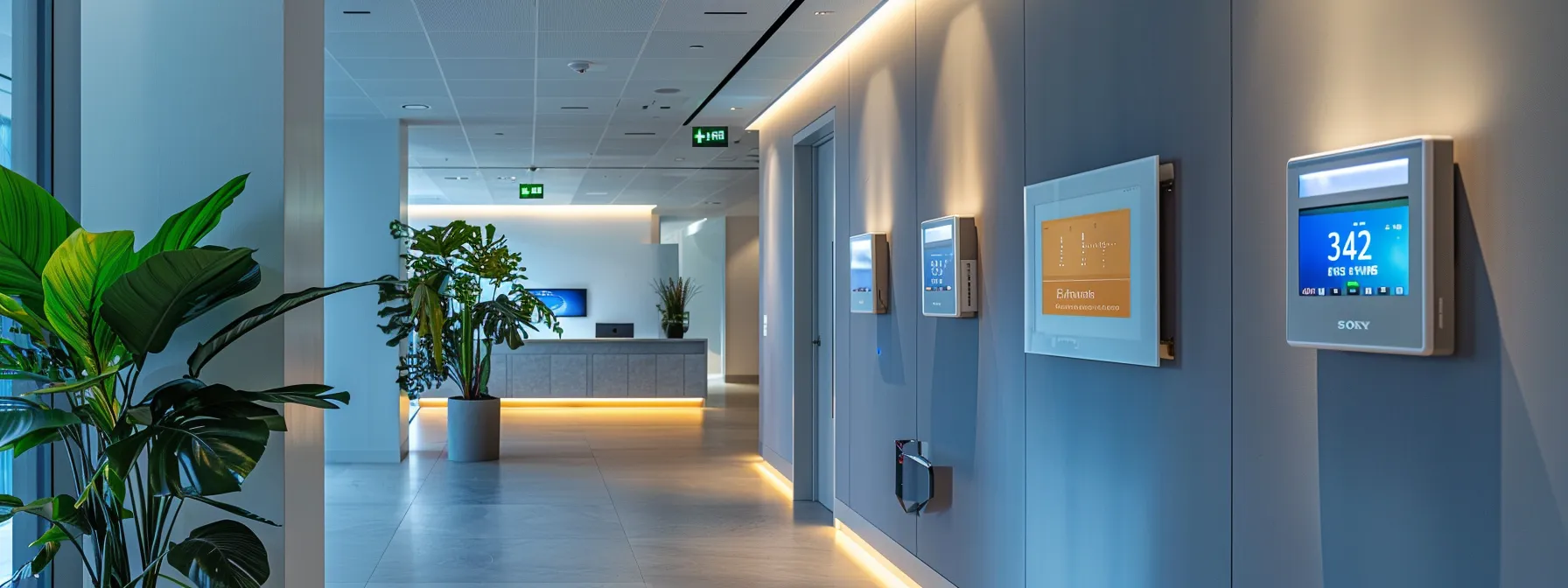 a modern office space showcases a sleek hvac control panel displaying real-time energy efficiency metrics, complemented by advanced smart thermostats mounted on the walls, all bathed in sharp, artificial lighting that emphasizes the technology-driven environment.