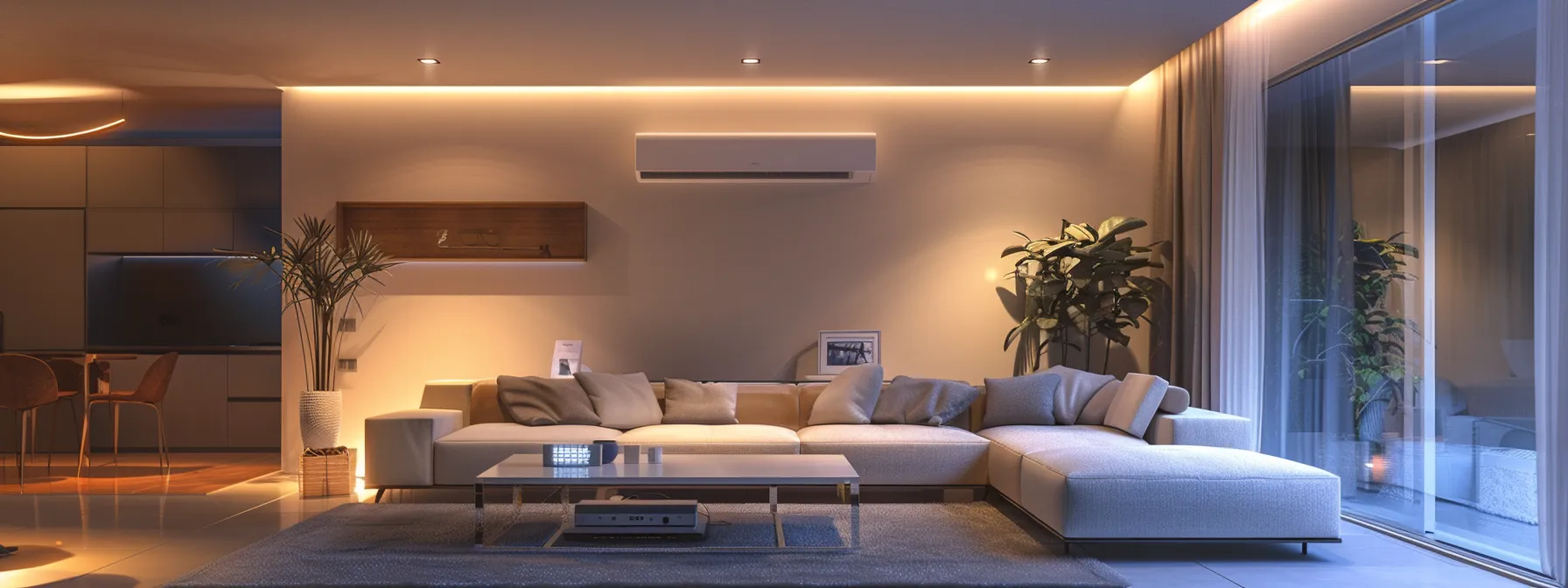 a modern, sleek living room featuring an advanced energy-efficient heating and cooling system with stylish air vents and a digital thermostat, illuminated by warm interior lighting to emphasize comfort and innovation.