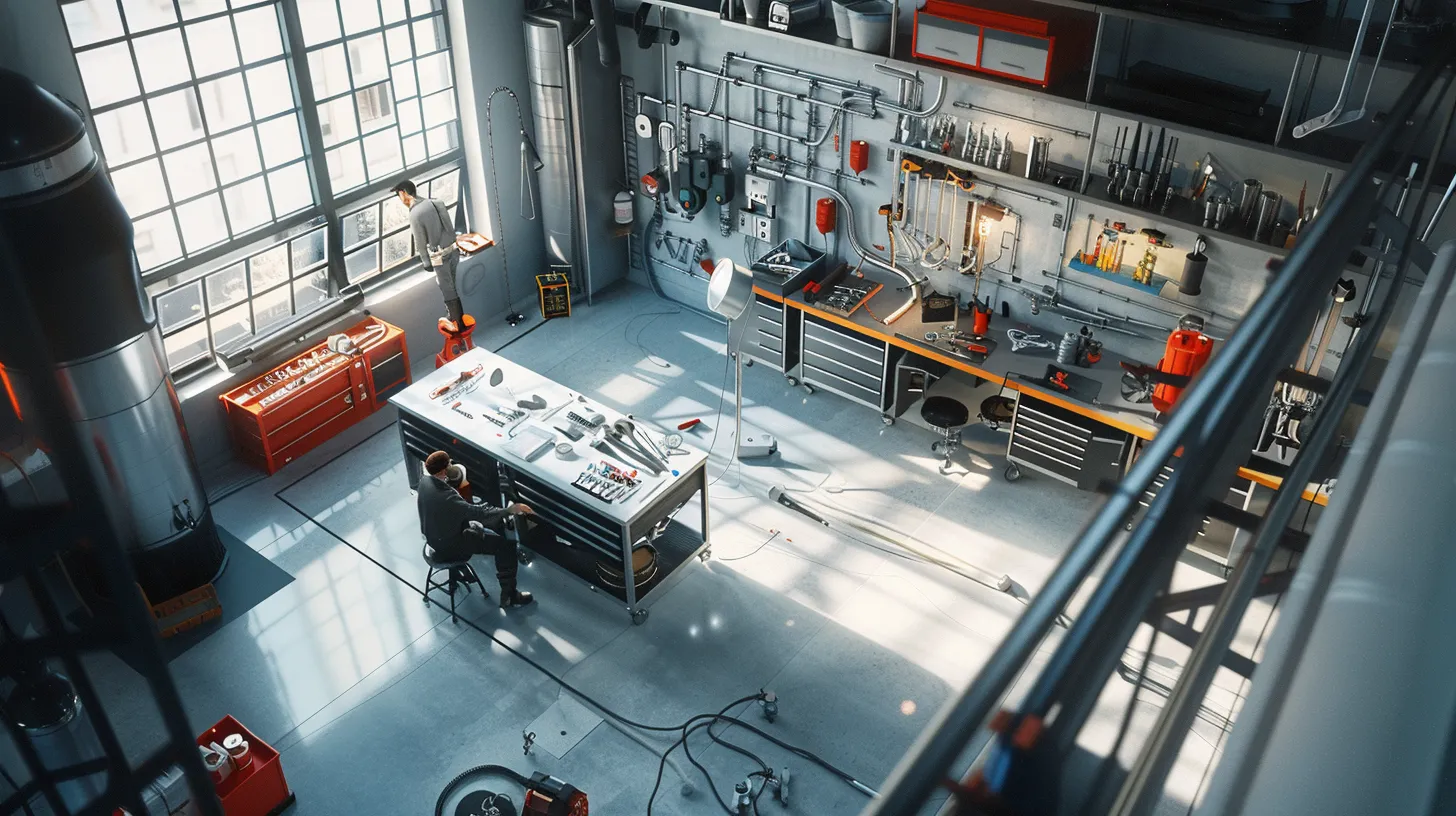 a modern, well-lit plumbing workshop featuring a technician examining three distinct repair options for a slab leak, with visual diagrams and tools laid out on a sleek workspace, emphasizing an organized and methodical approach to plumbing solutions. a modern, well-lit plumbing workshop featuring a technician examining three distinct repair options for a slab leak, with visual diagrams and tools laid out on a sleek workspace, emphasizing an organized and methodical approach to plumbing solutions.
