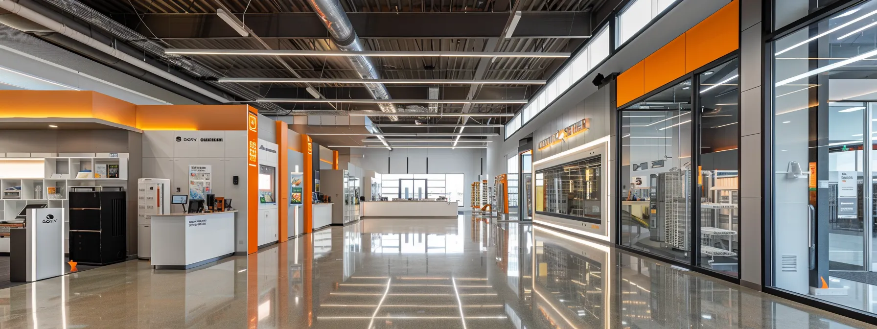 a sleek, modern hvac showroom showcases a variety of cutting-edge energy-efficient heating and cooling systems, with glossy surfaces reflecting bright overhead lights and clear signage highlighting their efficiency ratings.