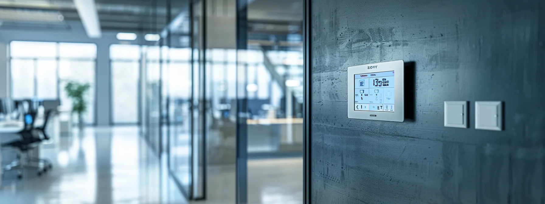 a sleek, modern office space featuring an advanced hvac control panel and a sophisticated digital thermostat on the wall, illuminated by soft, ambient lighting that highlights the clean lines and cutting-edge technology, emphasizing the theme of indoor comfort and air quality management.