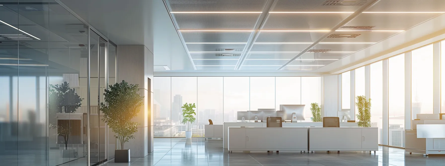 a sleek, modern office with a prominently displayed energy-efficient hvac unit, showcasing digital efficiency metrics on a high-resolution screen, while sunlight streams through large windows, illuminating a tidy workspace filled with advanced air filtration systems.