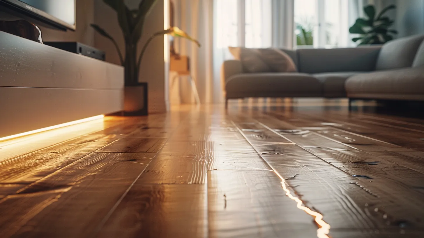 a stark, modern living room showcases warped hardwood flooring and visible cracks in the drywall, illuminated by harsh fluorescent light to emphasize the alarming signs of a slab leak. a stark, modern living room showcases warped hardwood flooring and visible cracks in the drywall, illuminated by harsh fluorescent light to emphasize the alarming signs of a slab leak.