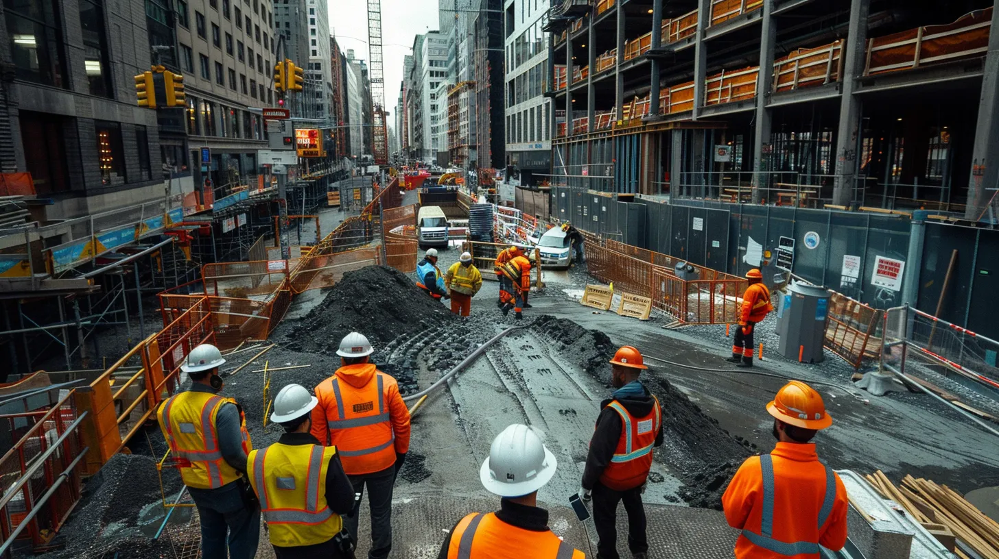 a tense urban construction site conveys urgency as workers in hard hats gather, anxiously discussing a potential gas line relocation, with visible safety notices and marked boundaries emphasizing the serious legal and safety repercussions of unpermitted modifications. a tense urban construction site conveys urgency as workers in hard hats gather, anxiously discussing a potential gas line relocation, with visible safety notices and marked boundaries emphasizing the serious legal and safety repercussions of unpermitted modifications.