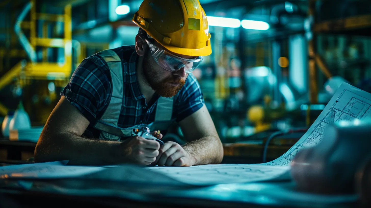 an industrial office scene featuring a focused plumber reviewing a detailed blueprint of gas line layouts, surrounded by safety equipment and regulatory documents, emphasizing the importance of compliance and safety in permit requirements for gas line movements. an industrial office scene featuring a focused plumber reviewing a detailed blueprint of gas line layouts, surrounded by safety equipment and regulatory documents, emphasizing the importance of compliance and safety in permit requirements for gas line movements.