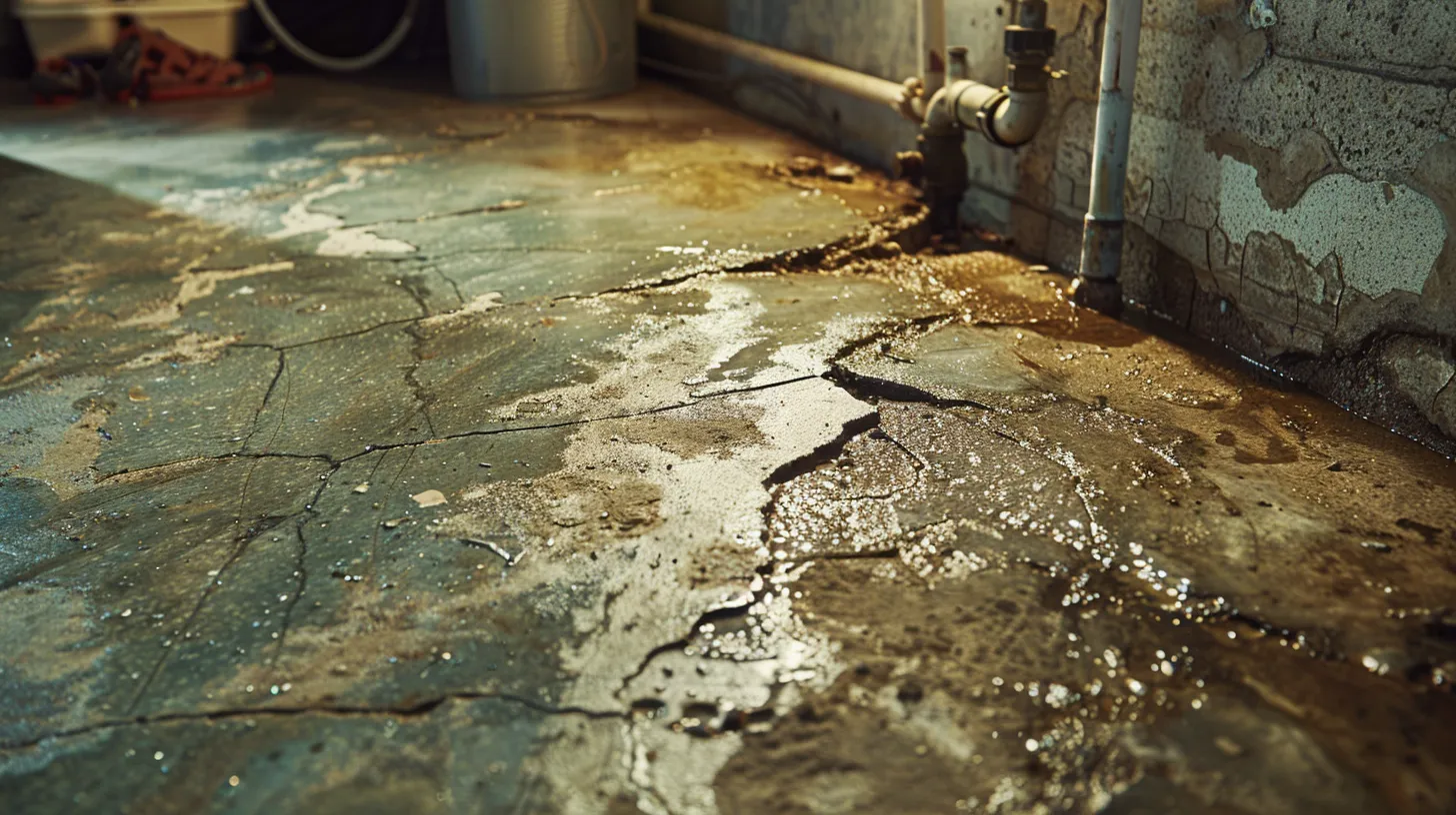 an urban home interior reveals a detailed view of cracked concrete flooring, with pipes exposed beneath, highlighting the hidden issues of a slab leak, all illuminated by stark artificial lighting to emphasize the urgency of plumbing repairs. an urban home interior reveals a detailed view of cracked concrete flooring, with pipes exposed beneath, highlighting the hidden issues of a slab leak, all illuminated by stark artificial lighting to emphasize the urgency of plumbing repairs.