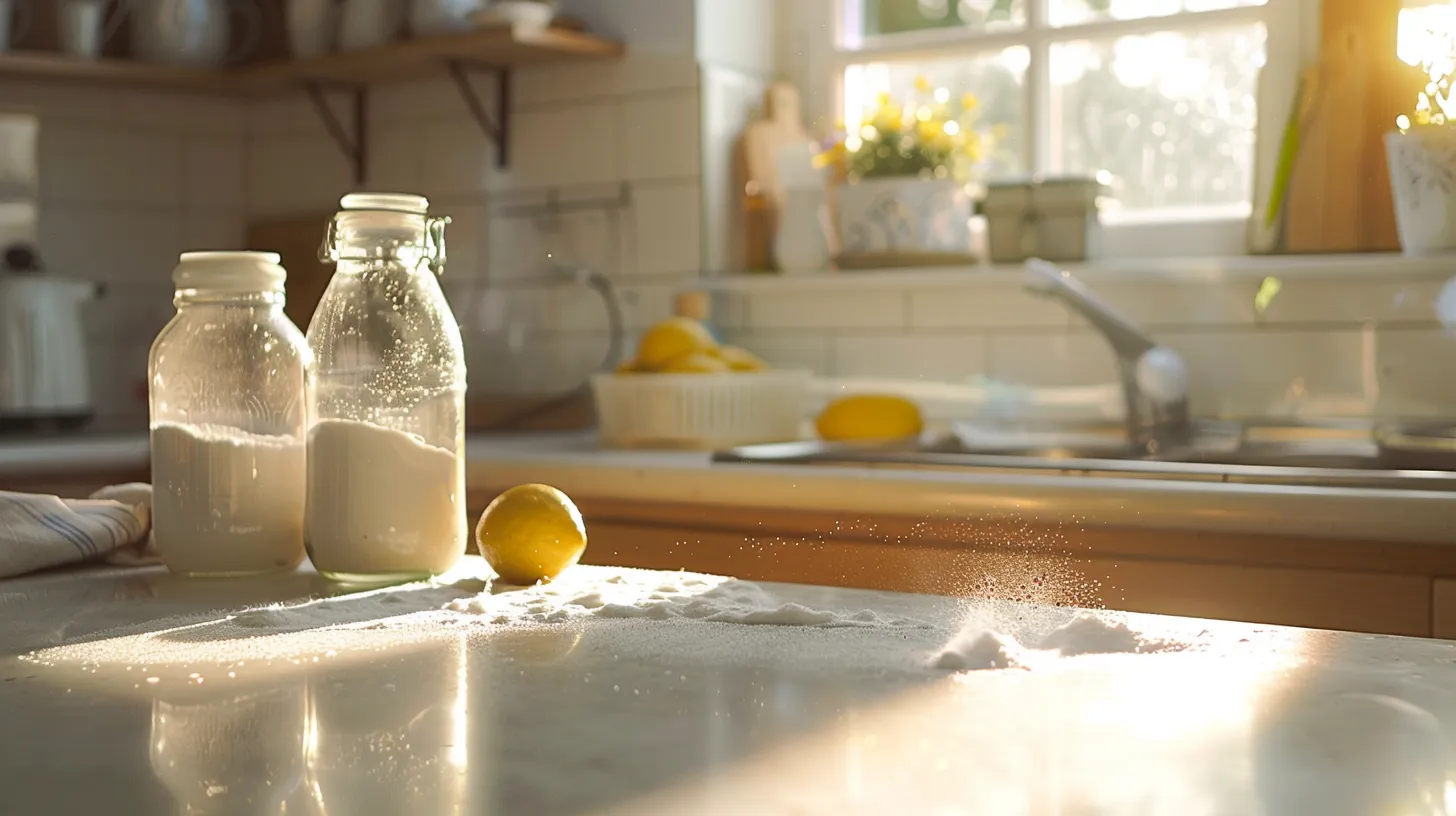 a bright, modern kitchen countertop showcases a blend of baking soda and vinegar in transparent jars, with effervescent bubbles rising from a clogged sink, symbolizing the effectiveness of a homemade drain cleaner. a bright, modern kitchen countertop showcases a blend of baking soda and vinegar in transparent jars, with effervescent bubbles rising from a clogged sink, symbolizing the effectiveness of a homemade drain cleaner.