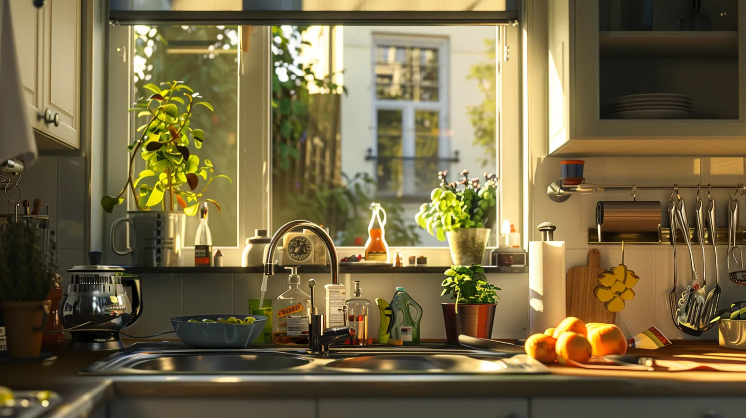 a bustling kitchen scene features a sink with a natural drain cleaner prominently displayed next to a plunger and a partially disassembled p-trap, conveying a proactive approach to resolving plumbing issues in a modern home. a bustling kitchen scene features a sink with a natural drain cleaner prominently displayed next to a plunger and a partially disassembled p-trap, conveying a proactive approach to resolving plumbing issues in a modern home.