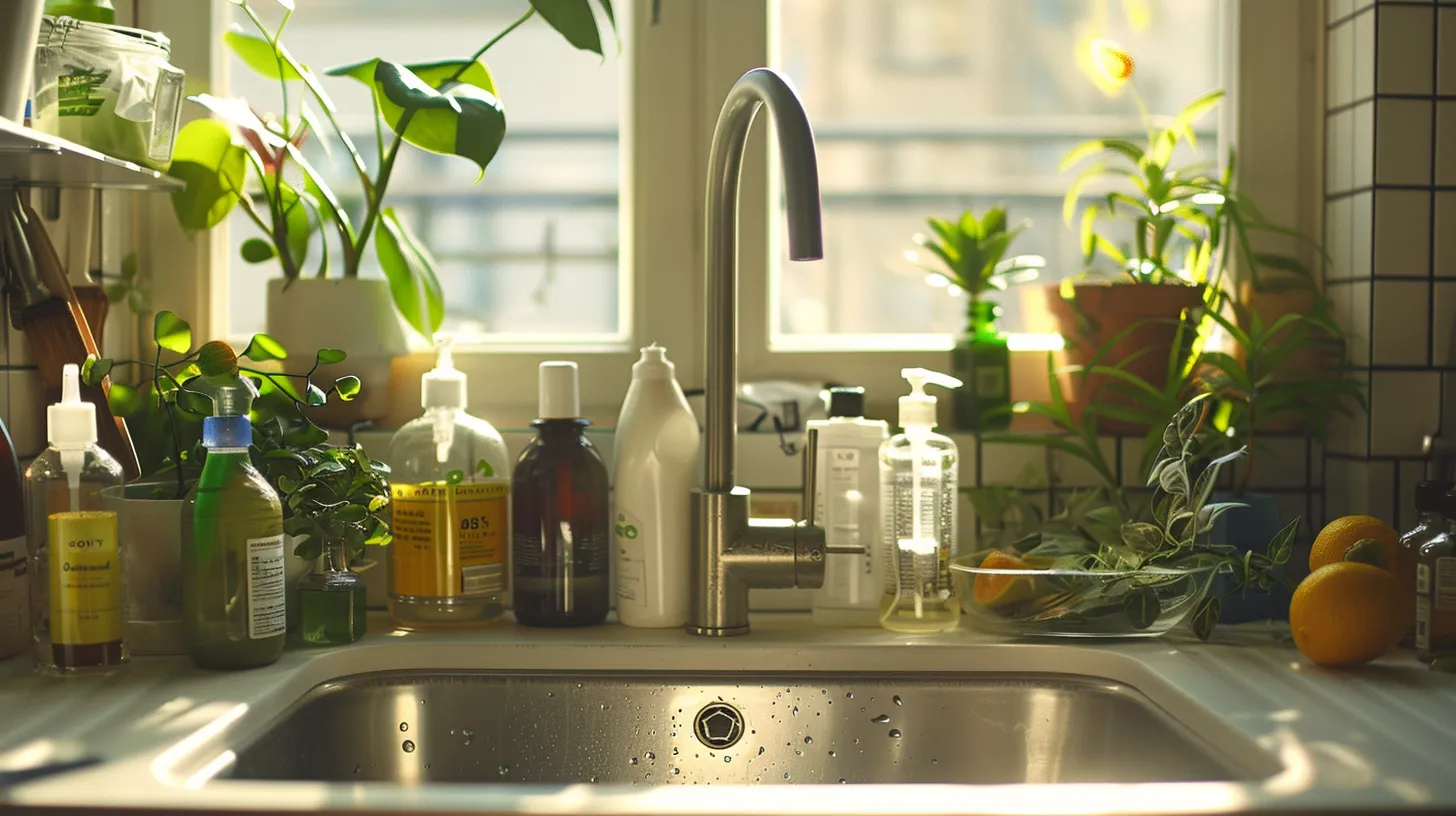 a clean, modern kitchen sink with a gleaming metal stopper prominently displayed, surrounded by an array of eco-friendly cleaning products, showcasing the process of maintaining drainage with careful attention to detail and hygiene. a clean, modern kitchen sink with a gleaming metal stopper prominently displayed, surrounded by an array of eco-friendly cleaning products, showcasing the process of maintaining drainage with careful attention to detail and hygiene.