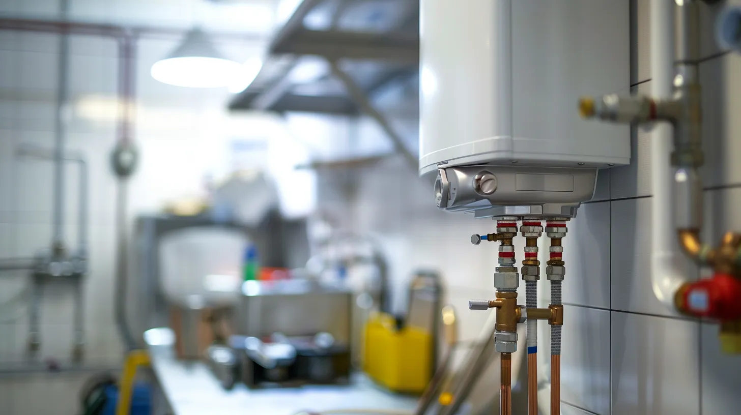 a close-up of a technician meticulously installing a sleek, modern tankless water heater expansion tank within a well-equipped, contemporary utility room, surrounded by essential plumbing tools and detailed installation instructions. a close-up of a technician meticulously installing a sleek, modern tankless water heater expansion tank within a well-equipped, contemporary utility room, surrounded by essential plumbing tools and detailed installation instructions.