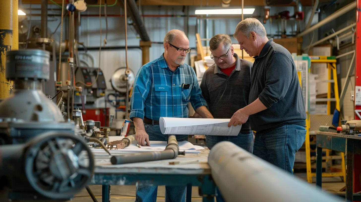 a dynamic office scene captures a professional team of plumbers reviewing blueprints and plans in a well-equipped commercial plumbing workshop, highlighted by gleaming tools and machinery organized around them, emphasizing their expertise and commitment to quality service in haltom city. a dynamic office scene captures a professional team of plumbers reviewing blueprints and plans in a well-equipped commercial plumbing workshop, highlighted by gleaming tools and machinery organized around them, emphasizing their expertise and commitment to quality service in haltom city.
