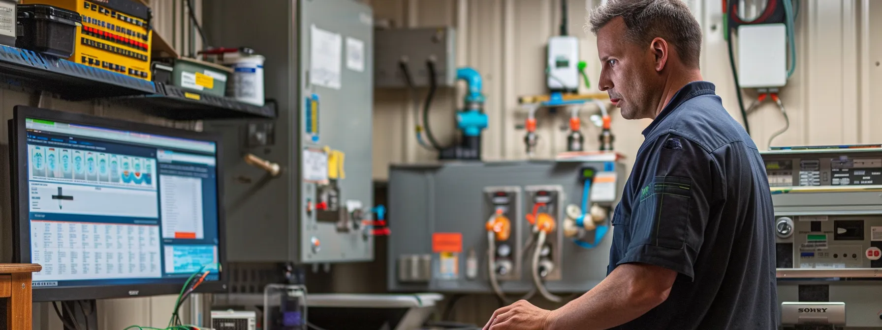 a dynamic urban plumbing service scene featuring an experienced technician in a neatly organized, modern office environment, highlighting customer satisfaction with a busy scheduling board and plumbing tools elegantly displayed. a dynamic urban plumbing service scene featuring an experienced technician in a neatly organized, modern office environment, highlighting customer satisfaction with a busy scheduling board and plumbing tools elegantly displayed.