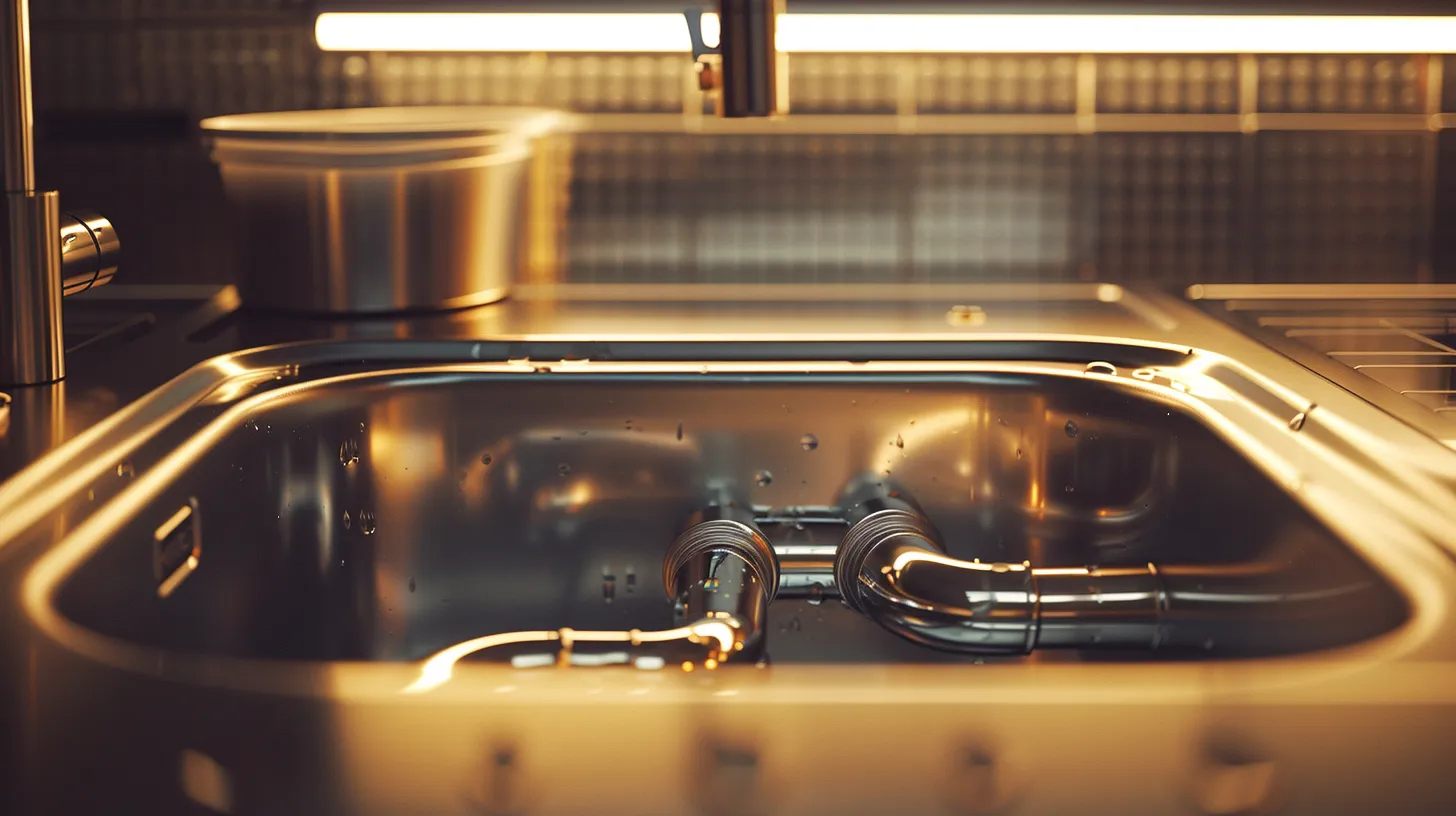 a focused close-up of a gleaming stainless steel sink with a partially disassembled p-trap below, illuminated by soft overhead lighting, highlighting the intricate details of the plumbing and the bucket positioned to catch any debris. a focused close-up of a gleaming stainless steel sink with a partially disassembled p-trap below, illuminated by soft overhead lighting, highlighting the intricate details of the plumbing and the bucket positioned to catch any debris.