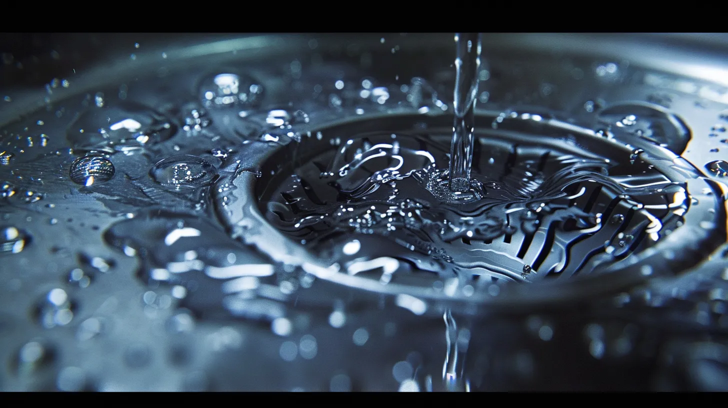 a focused close-up of a modern kitchen sink, featuring a sleek drain zip tool poised above a shiny, open drain, highlighting its flexible barbs as it prepares to extract a tangle of hair and soap residue blocking the pipes. a focused close-up of a modern kitchen sink, featuring a sleek drain zip tool poised above a shiny, open drain, highlighting its flexible barbs as it prepares to extract a tangle of hair and soap residue blocking the pipes.