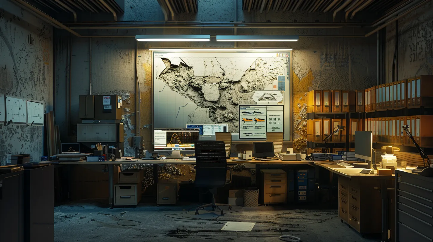 a focused interior scene showcases a professional contractor examining a cracked concrete slab in a dimly lit office, with detailed repair estimates and financial graphs displayed on a large screen, emphasizing the critical financial considerations of slab leak repairs. a focused interior scene showcases a professional contractor examining a cracked concrete slab in a dimly lit office, with detailed repair estimates and financial graphs displayed on a large screen, emphasizing the critical financial considerations of slab leak repairs.