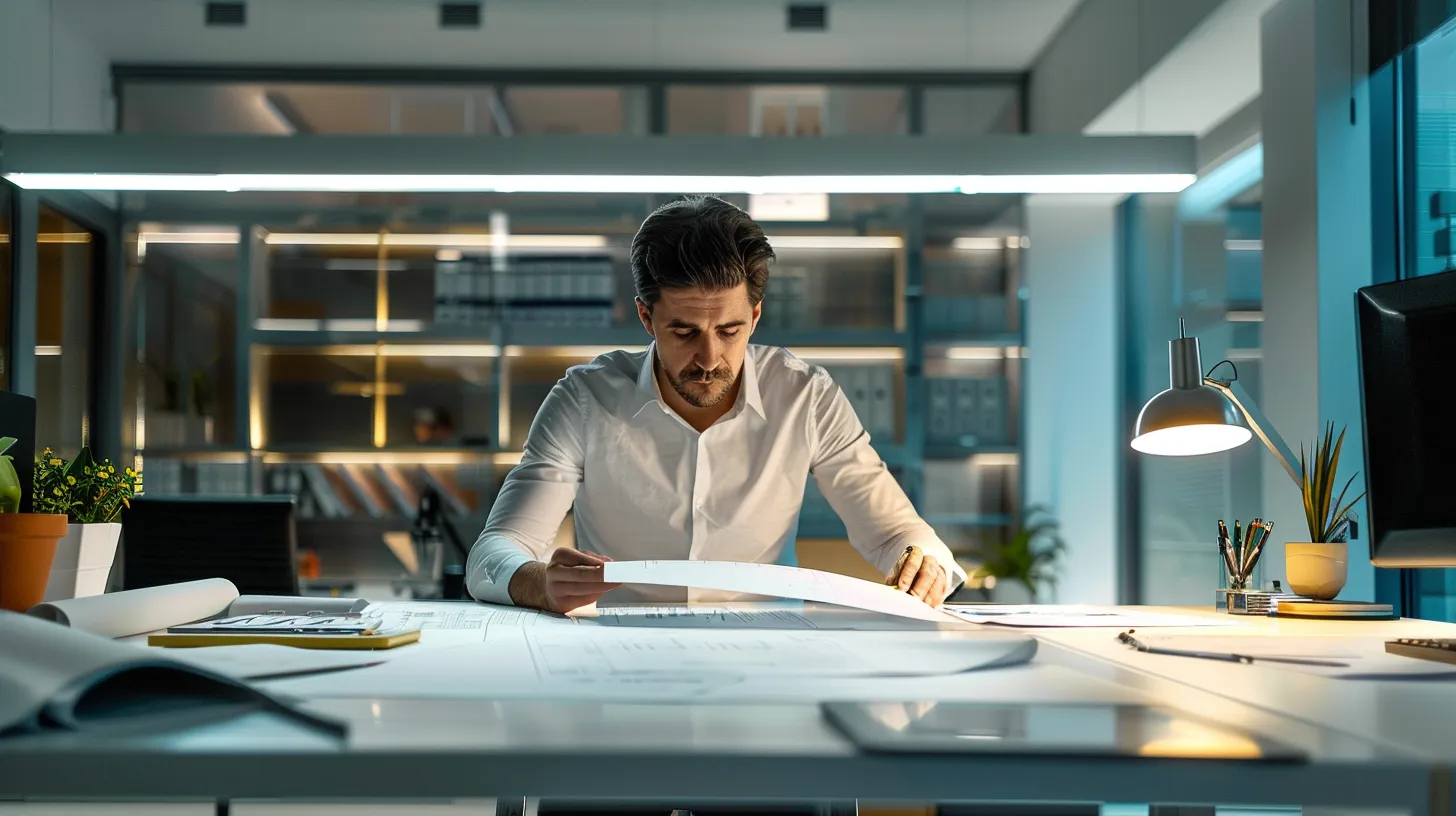 a focused scene depicting a modern office interior with a concerned homeowner examining detailed repair plans on a sleek desk, illuminated by bright overhead lighting, signaling the urgency of contacting professionals for slab leak repairs. a focused scene depicting a modern office interior with a concerned homeowner examining detailed repair plans on a sleek desk, illuminated by bright overhead lighting, signaling the urgency of contacting professionals for slab leak repairs.