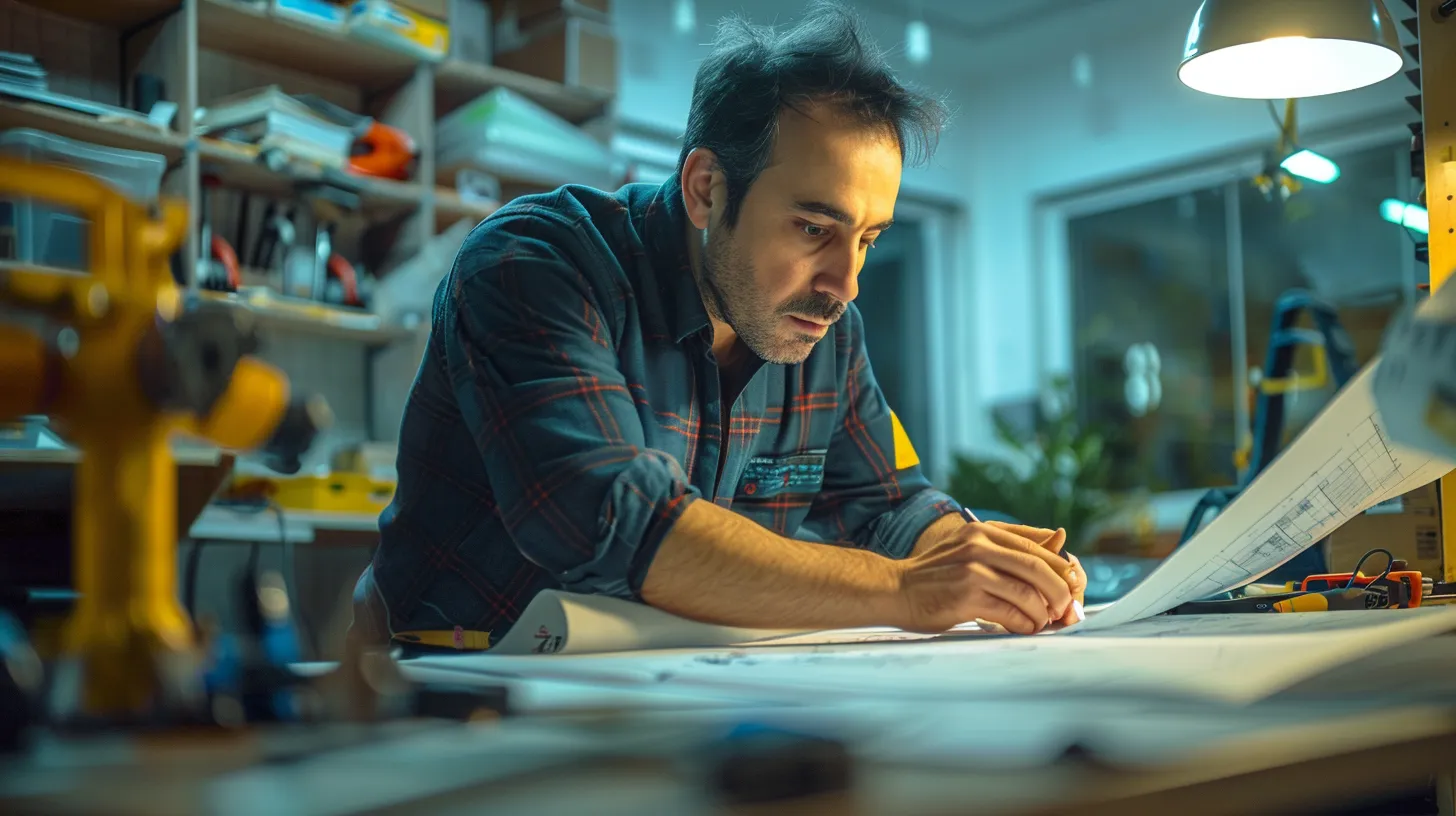 a focused view of a professional repair specialist in a well-lit, modern office, assessing a detailed blueprint while surrounded by tools and customer reviews, conveying a sense of expertise and reliability in addressing slab leak issues. a focused view of a professional repair specialist in a well-lit, modern office, assessing a detailed blueprint while surrounded by tools and customer reviews, conveying a sense of expertise and reliability in addressing slab leak issues.