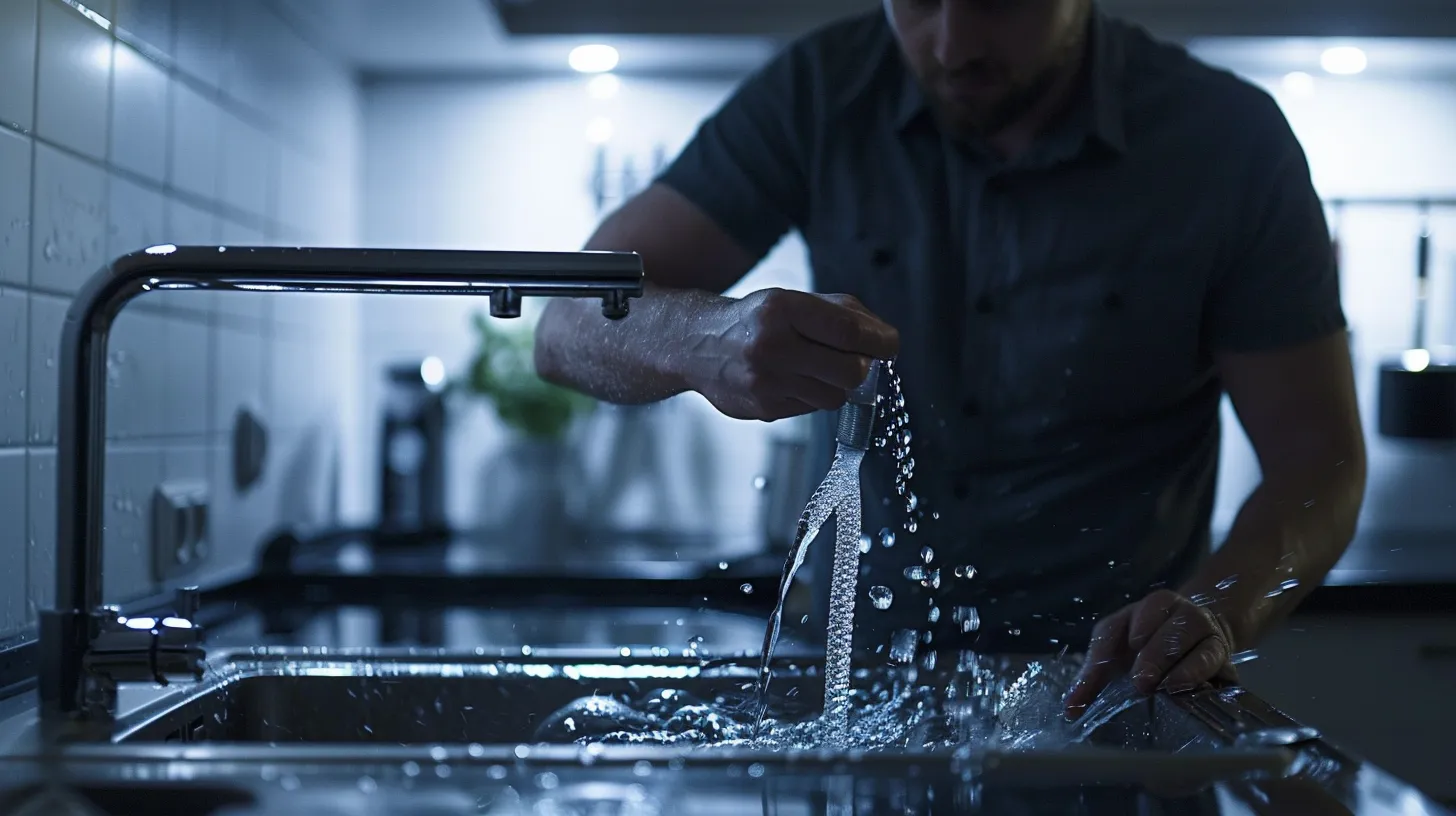 a polished, modern kitchen features a close-up of a plumber skillfully maneuvering a sleek plumbing snake into a drain, highlighting the intricate process of unclogging pipes with focused determination. a polished, modern kitchen features a close-up of a plumber skillfully maneuvering a sleek plumbing snake into a drain, highlighting the intricate process of unclogging pipes with focused determination.