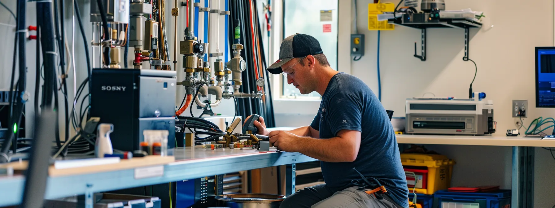 a polished, modern office space showcases a professional plumber in action, expertly inspecting a high-tech plumbing system with advanced tools and equipment, emphasizing the reliability and expertise of russell plumbing & air conditioning. a polished, modern office space showcases a professional plumber in action, expertly inspecting a high-tech plumbing system with advanced tools and equipment, emphasizing the reliability and expertise of russell plumbing & air conditioning.