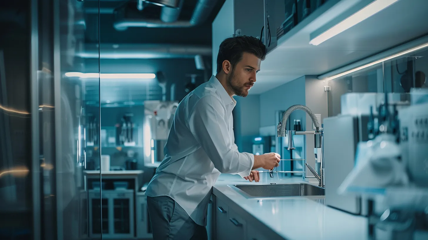 a professional plumber in a sleek, modern haltom city office, diligently inspecting high-quality plumbing equipment under bright fluorescent lights, conveying expertise and reliability in plumbing services. a professional plumber in a sleek, modern haltom city office, diligently inspecting high-quality plumbing equipment under bright fluorescent lights, conveying expertise and reliability in plumbing services.