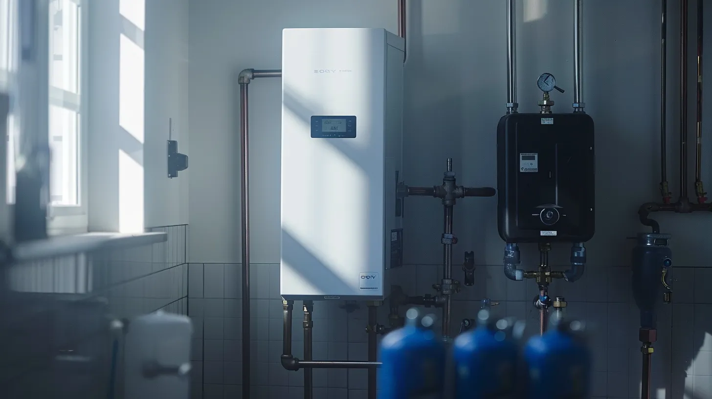 a sleek, modern utility room showcases a prominently installed tankless water heater alongside a robust expansion tank, highlighting the essential plumbing setup with clear pressure gauges and fittings in a well-lit, industrial-style environment. a sleek, modern utility room showcases a prominently installed tankless water heater alongside a robust expansion tank, highlighting the essential plumbing setup with clear pressure gauges and fittings in a well-lit, industrial-style environment.