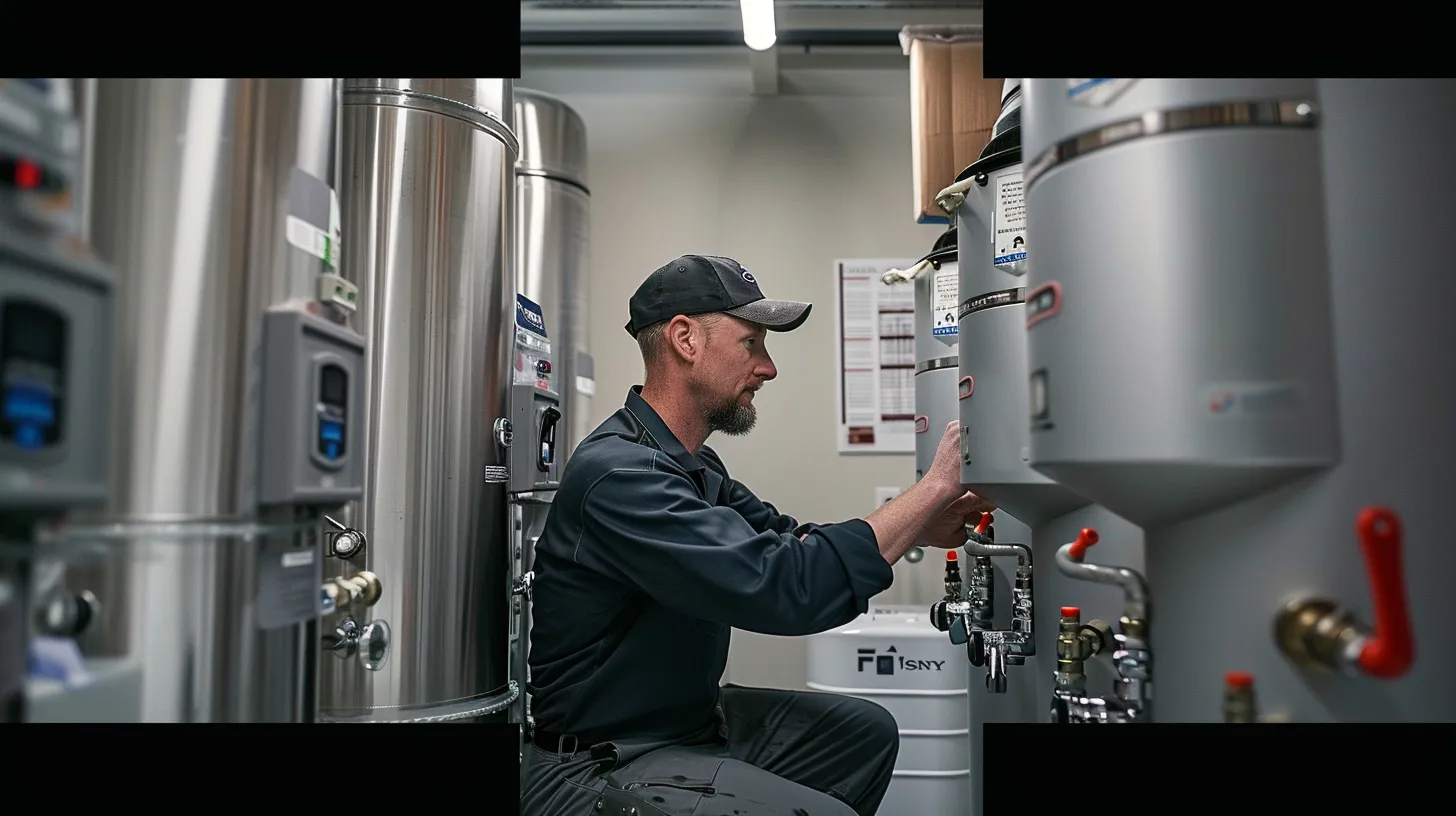 a sleek, modern utility room is filled with gleaming stainless steel tankless water heaters, showcasing a technician meticulously inspecting the expansion tank with a focused expression, surrounded by essential maintenance tools and clear instructional diagrams on the wall. a sleek, modern utility room is filled with gleaming stainless steel tankless water heaters, showcasing a technician meticulously inspecting the expansion tank with a focused expression, surrounded by essential maintenance tools and clear instructional diagrams on the wall.