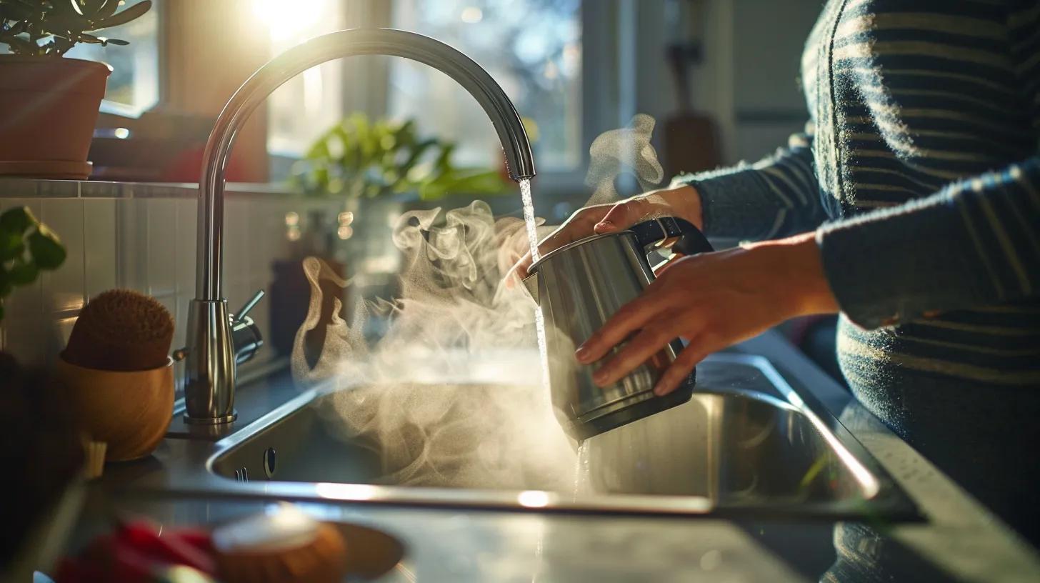 a close-up view of a focused homeowner standing in a modern bathroom, carefully pouring steaming boiling water into a gleaming chrome sink, emphasizing a quick and effective solution to a slow drain. a close-up view of a focused homeowner standing in a modern bathroom, carefully pouring steaming boiling water into a gleaming chrome sink, emphasizing a quick and effective solution to a slow drain.