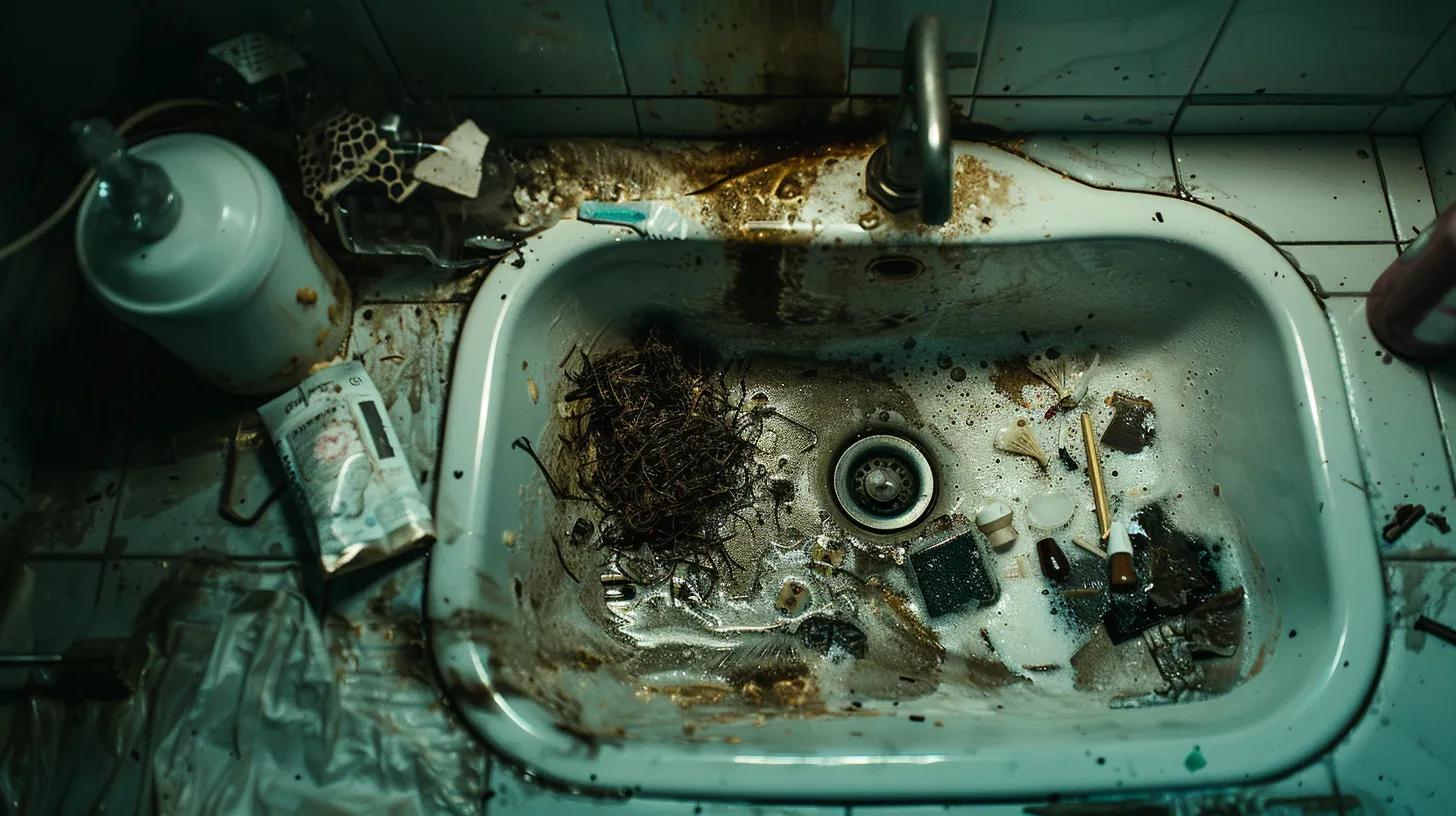 a close-up view of a cluttered bathroom sink, showcasing a partially disassembled drain with visible hair and soap scum buildup, illuminated by harsh fluorescent lighting to emphasize the causes of slow drainage. a close-up view of a cluttered bathroom sink, showcasing a partially disassembled drain with visible hair and soap scum buildup, illuminated by harsh fluorescent lighting to emphasize the causes of slow drainage.