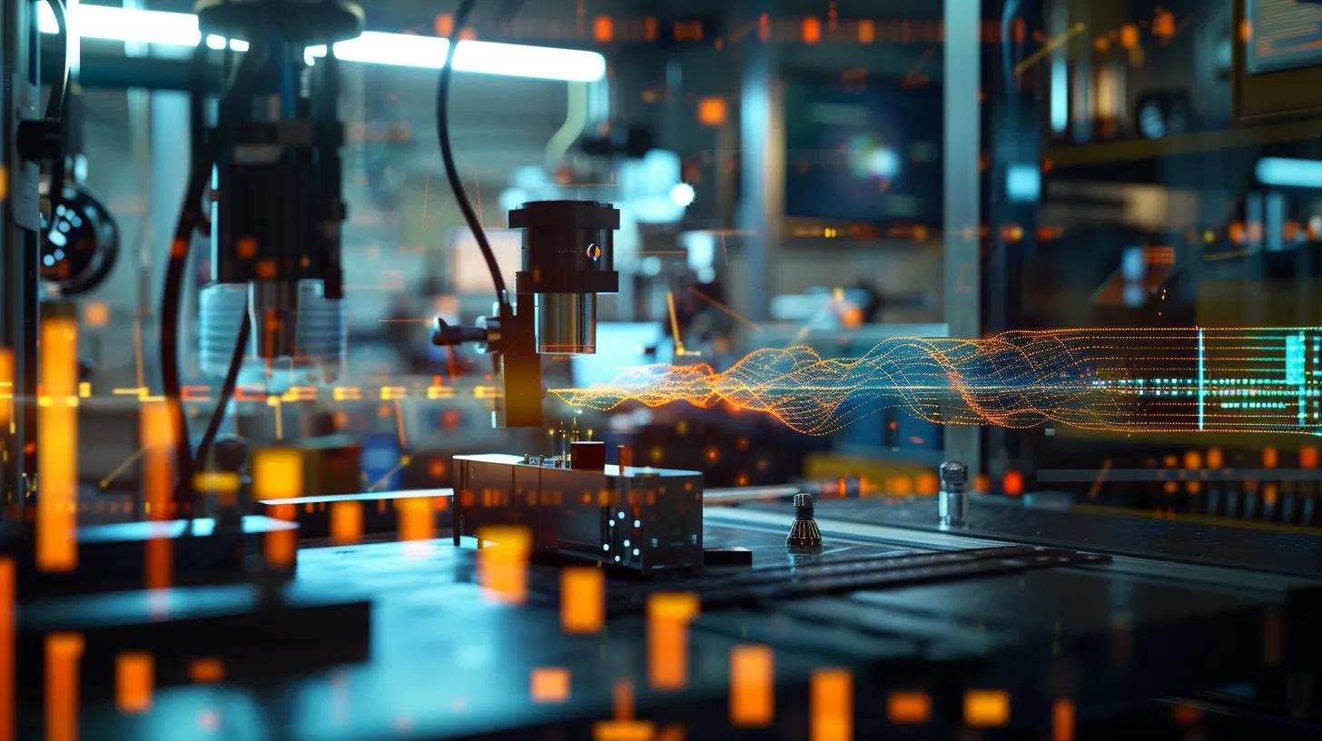 a high-tech industrial environment showcases a sleek ultrasonic leak detector poised on a workbench, surrounded by intricate machinery, with vibrant sound wave visualizations emanating from the device, illustrating the detection of high-frequency sound waves amidst a bustling backdrop of low-frequency noise. a high-tech industrial environment showcases a sleek ultrasonic leak detector poised on a workbench, surrounded by intricate machinery, with vibrant sound wave visualizations emanating from the device, illustrating the detection of high-frequency sound waves amidst a bustling backdrop of low-frequency noise.