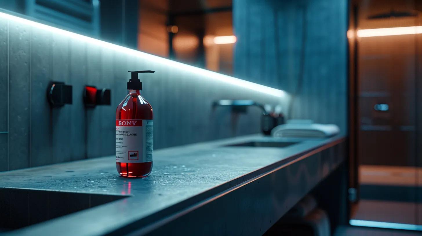 a sleek, modern bathroom with a focused view of a chemical drain cleaner bottle on the edge of a polished sink, highlighted by dramatic overhead lighting to emphasize its stark label and warning symbols, creating a sense of urgency and caution. a sleek, modern bathroom with a focused view of a chemical drain cleaner bottle on the edge of a polished sink, highlighted by dramatic overhead lighting to emphasize its stark label and warning symbols, creating a sense of urgency and caution.