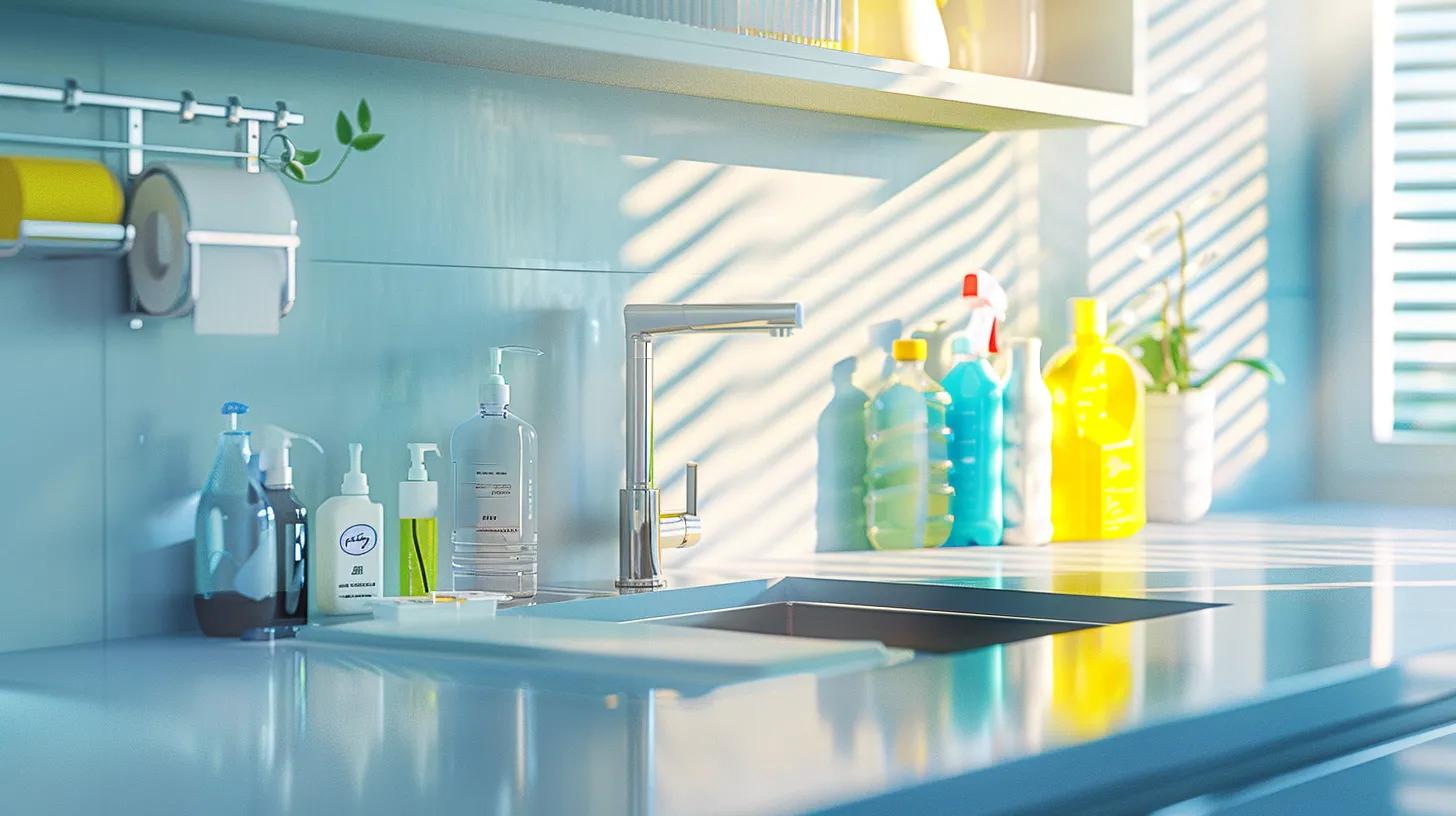 a sleek modern kitchen with gleaming countertops and a pristine sink, showcasing vibrant cleaning supplies and a checklist on the wall that illustrates easy maintenance steps for drain health. a sleek modern kitchen with gleaming countertops and a pristine sink, showcasing vibrant cleaning supplies and a checklist on the wall that illustrates easy maintenance steps for drain health.