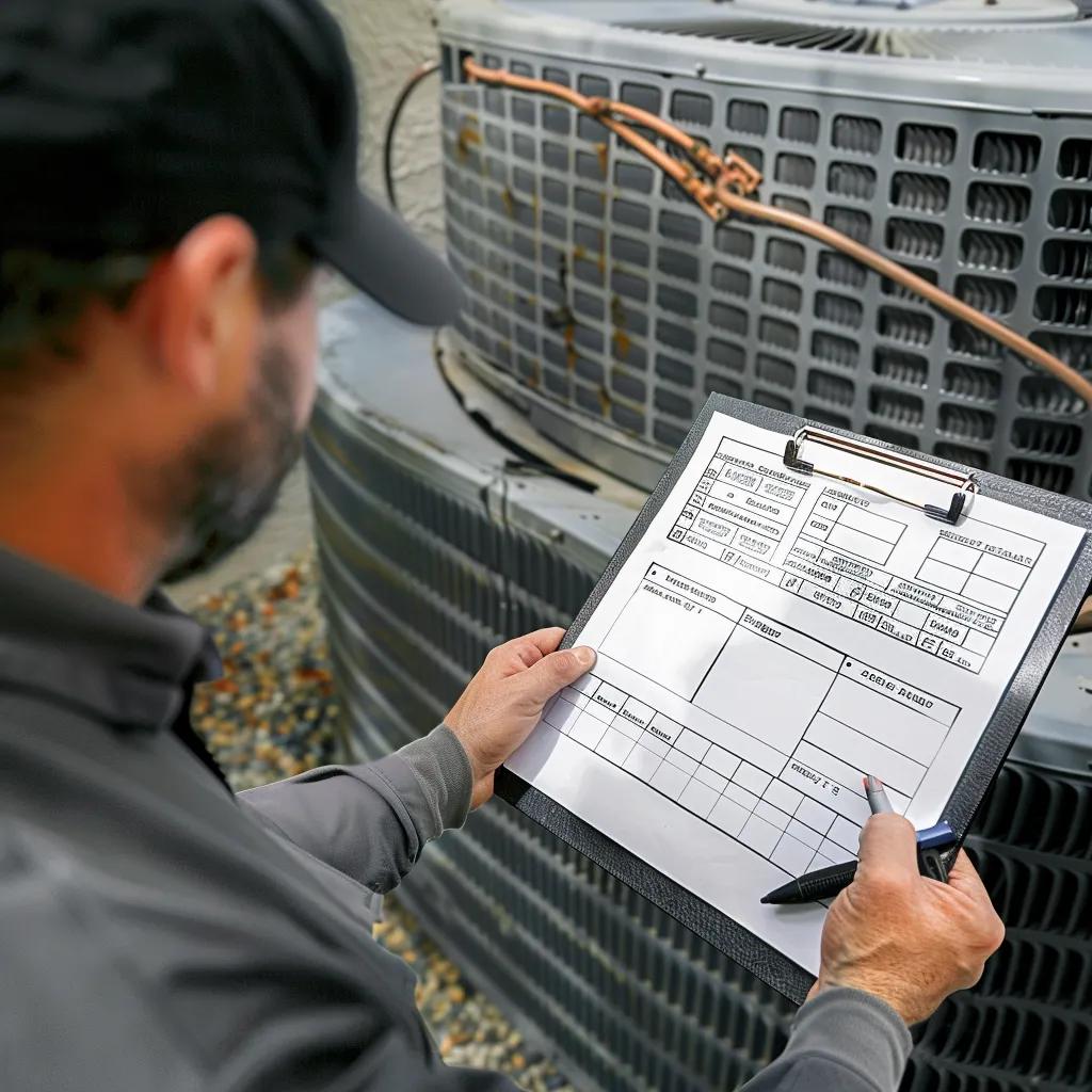 HVAC maintenance checklist with technician inspecting air conditioning unit