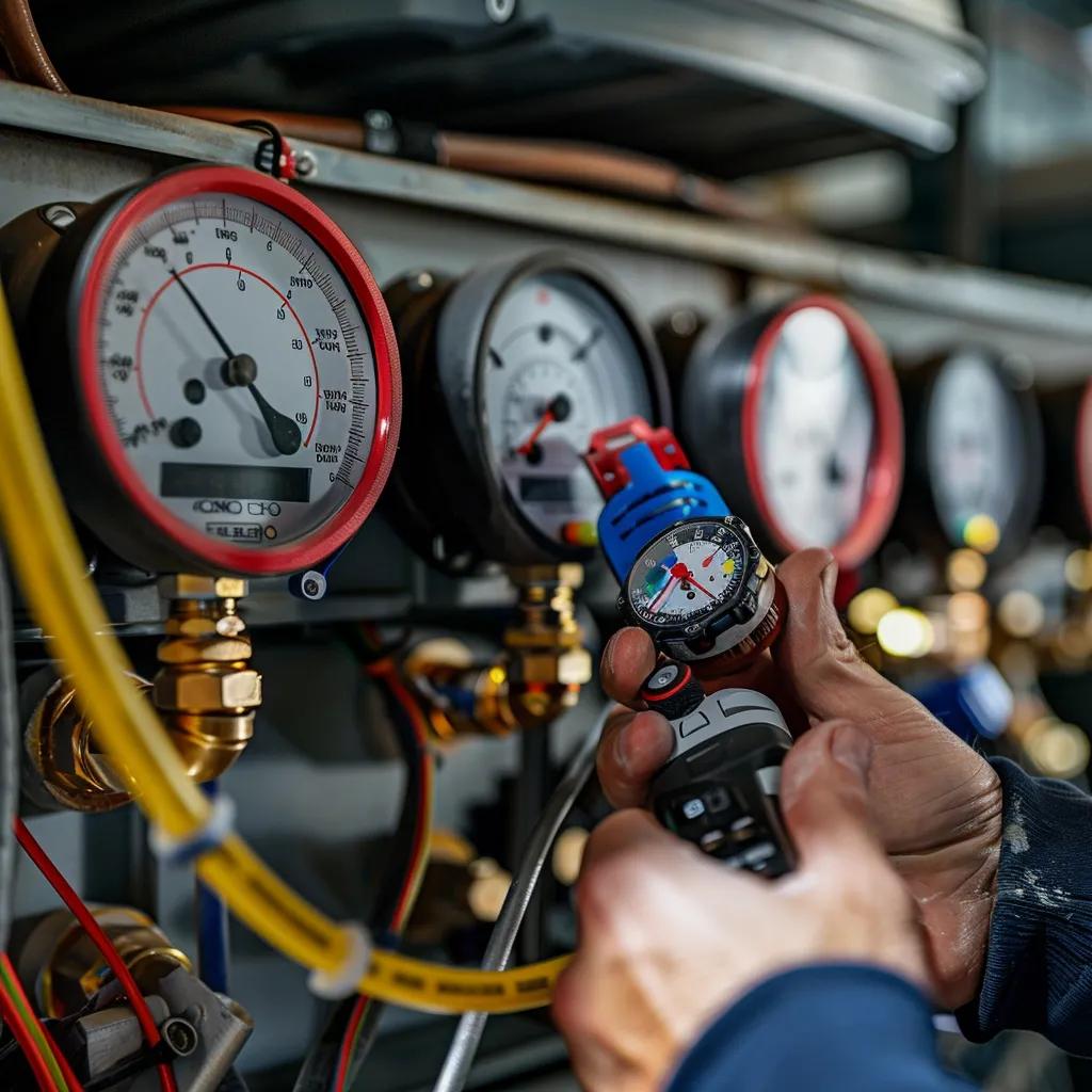 HVAC technician diagnosing system with digital gauges and tools
