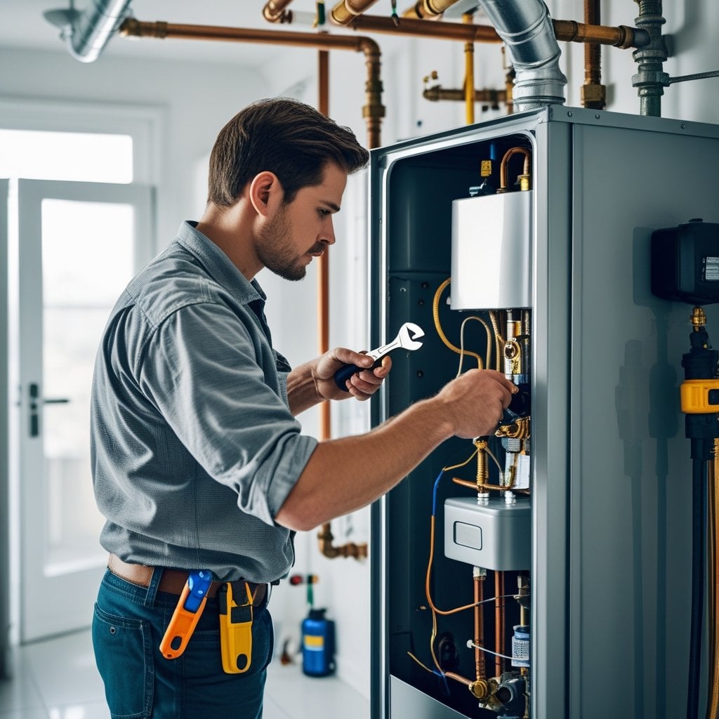 A person inspecting an open water heater in a home utility room with tools.