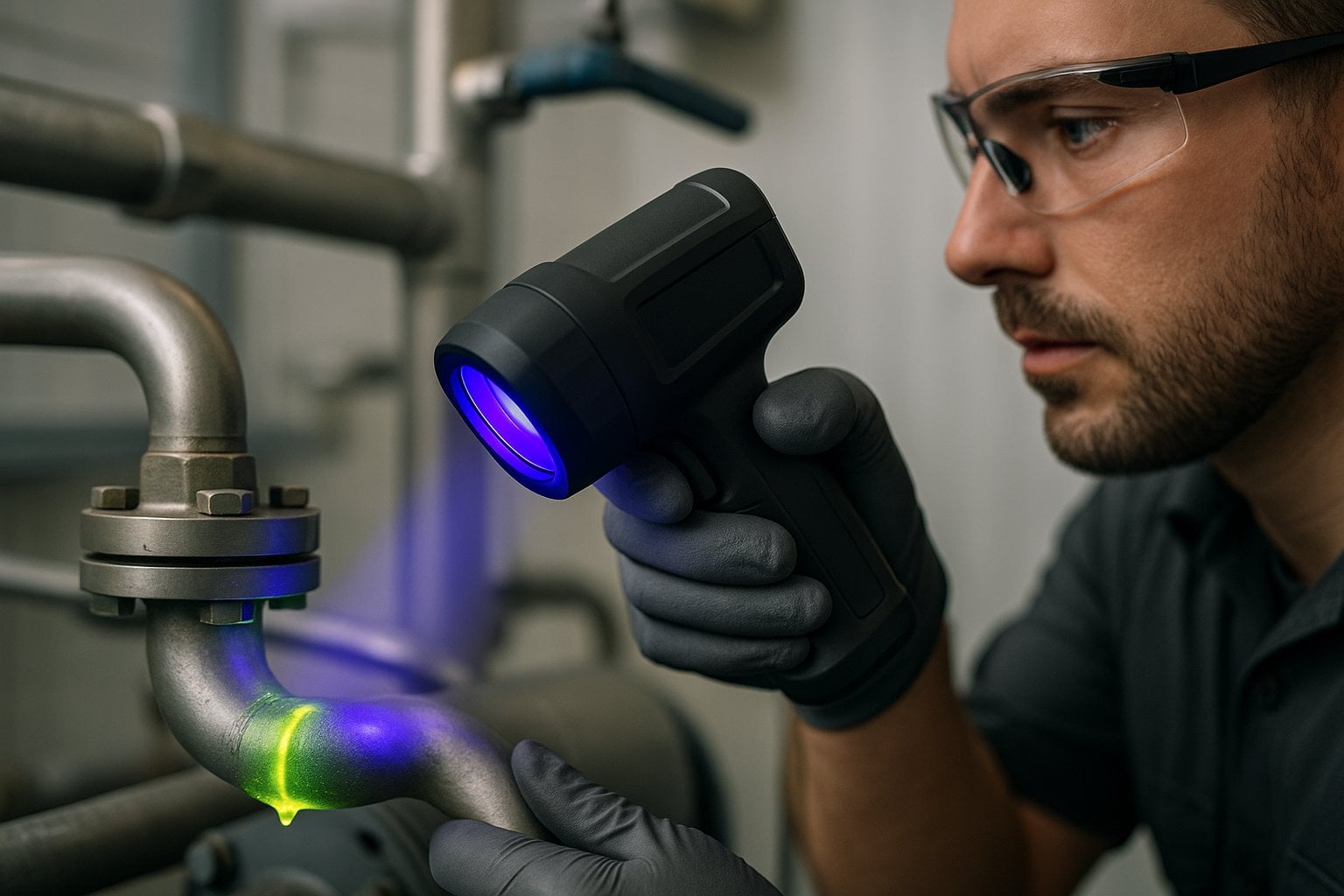 how does a fluorescent dye- eak detector work