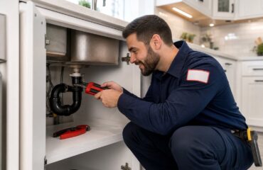 A plumber working under a kitchen sink in a bright residential kitchen.