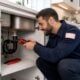 A plumber working under a kitchen sink in a bright residential kitchen.