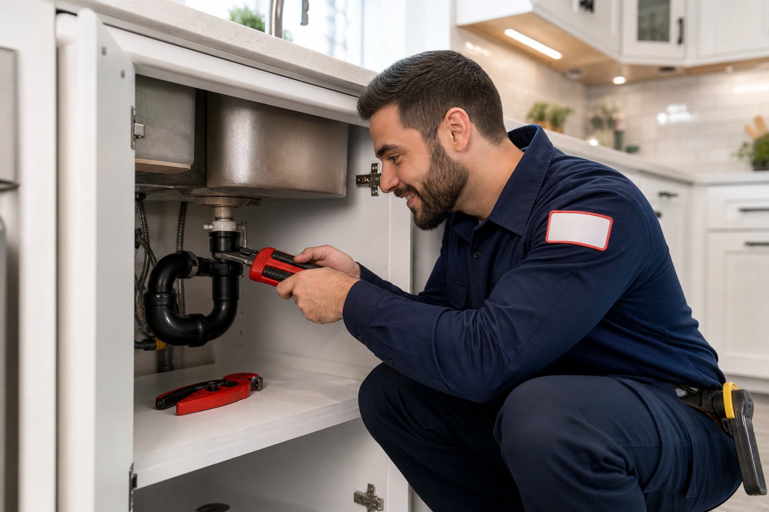A plumber working under a kitchen sink in a bright residential kitchen.
