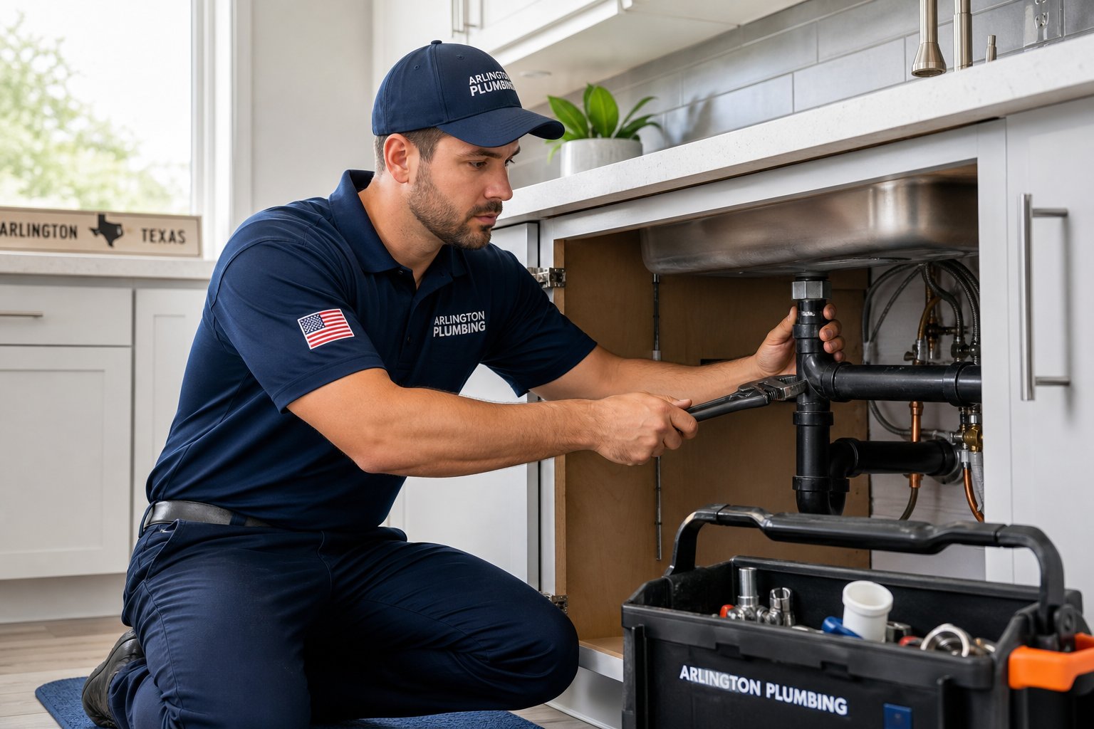 A plumber in uniform inspecting pipes under a kitchen sink in a bright residential kitchen.
