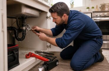 A plumber fixing a leaking pipe under a kitchen sink in a modern home.