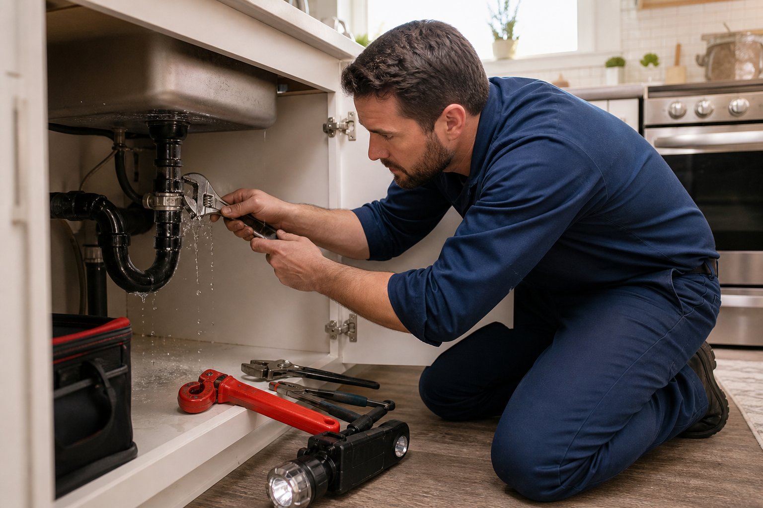 A plumber fixing a leaking pipe under a kitchen sink in a modern home.