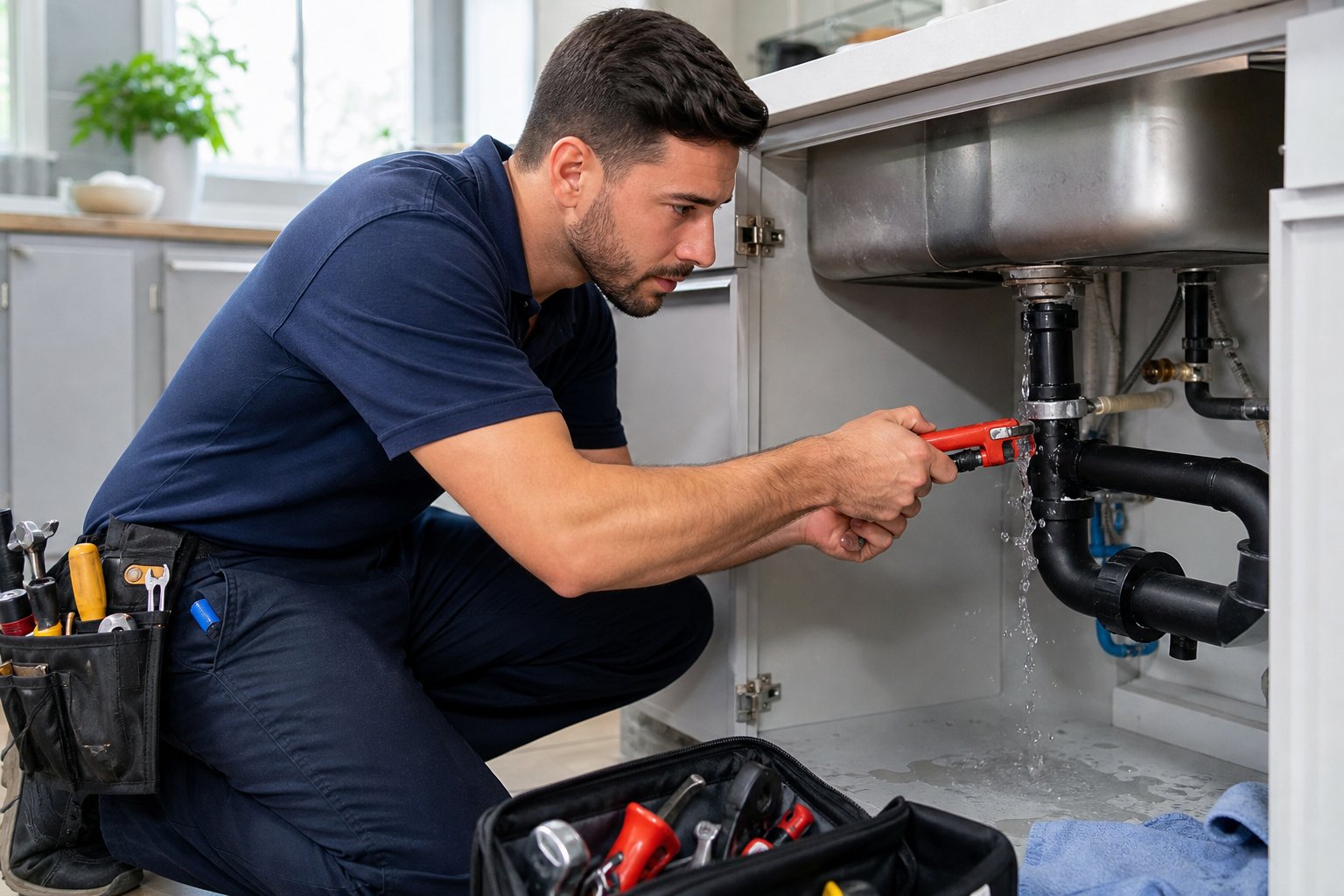 A plumber fixing a leaking pipe under a kitchen sink in a modern kitchen.