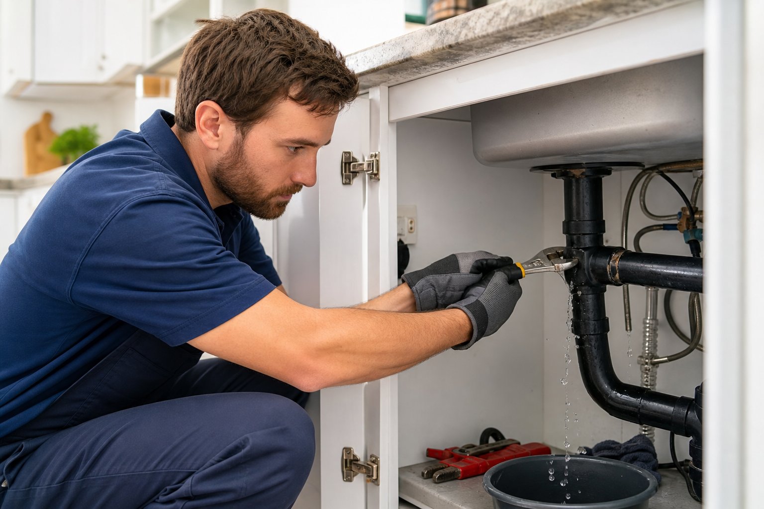 A plumber fixing a leaking pipe under a kitchen sink in a modern home.