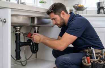 A plumber working under a kitchen sink fixing pipes and drains.