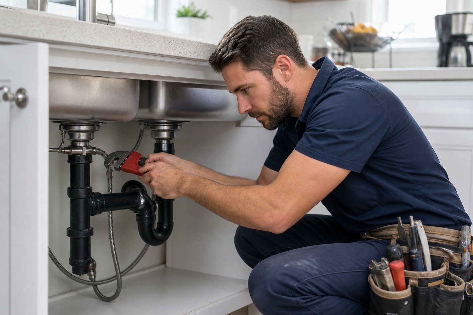 A plumber working under a kitchen sink fixing pipes and drains.