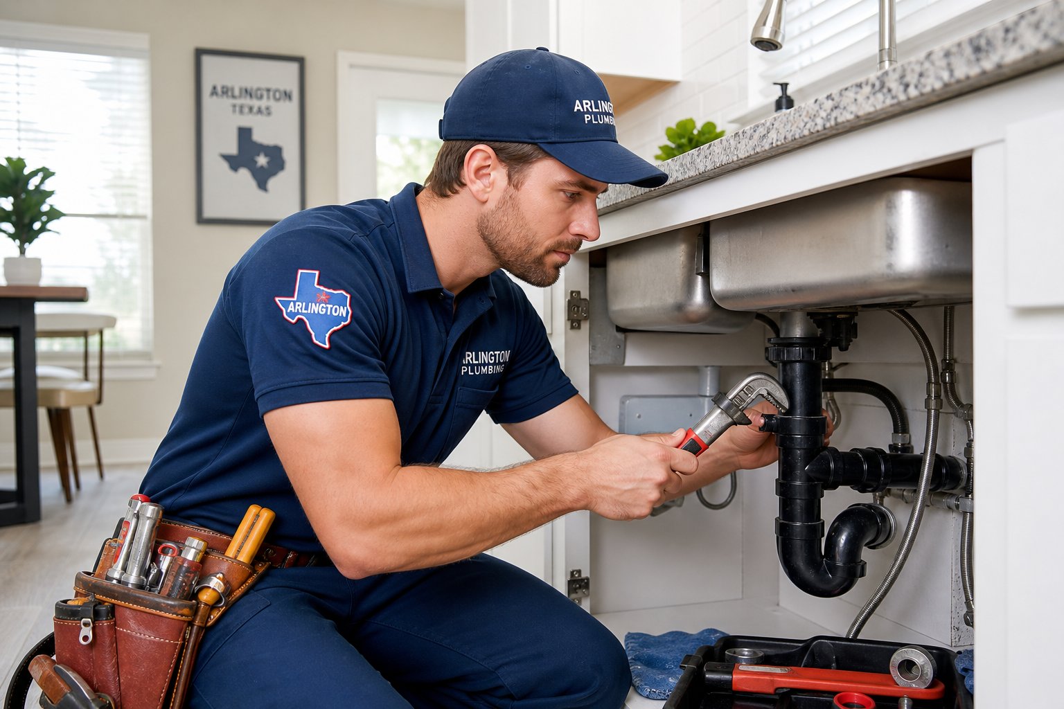 A plumber working under a kitchen sink, repairing plumbing pipes in a residential kitchen.