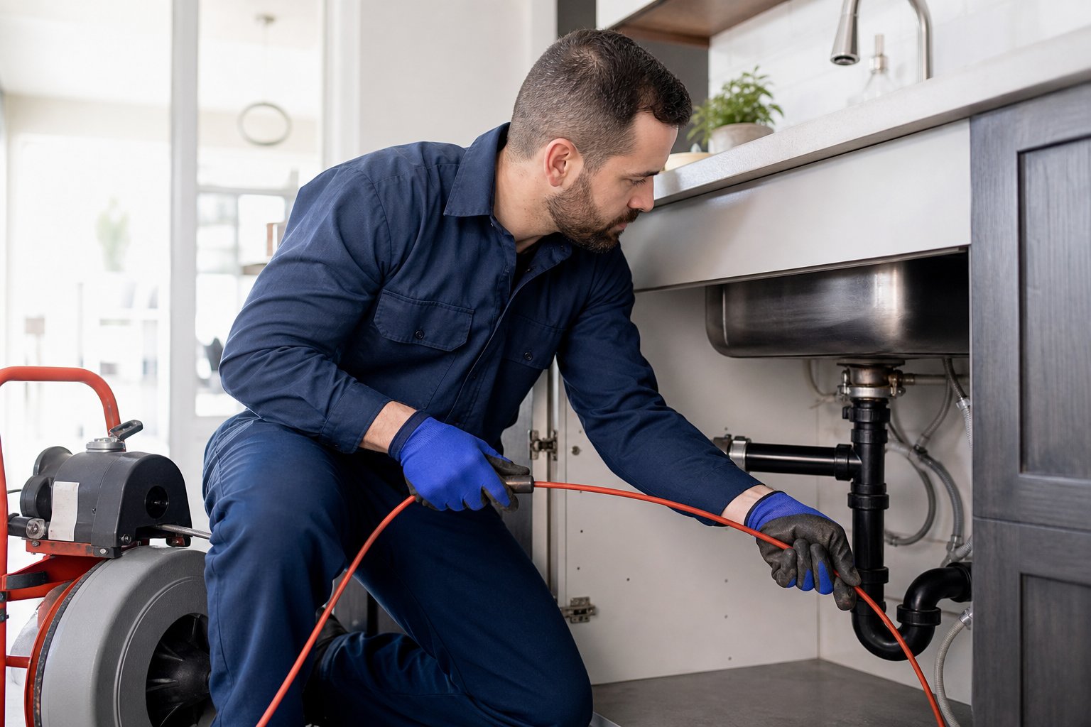 A plumber wearing a uniform and gloves working on drain cleaning equipment in a modern kitchen or bathroom.