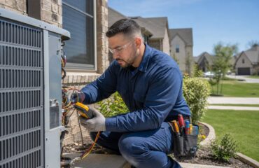 HVAC contractor inspecting an air conditioning unit outside a suburban home on a sunny day.